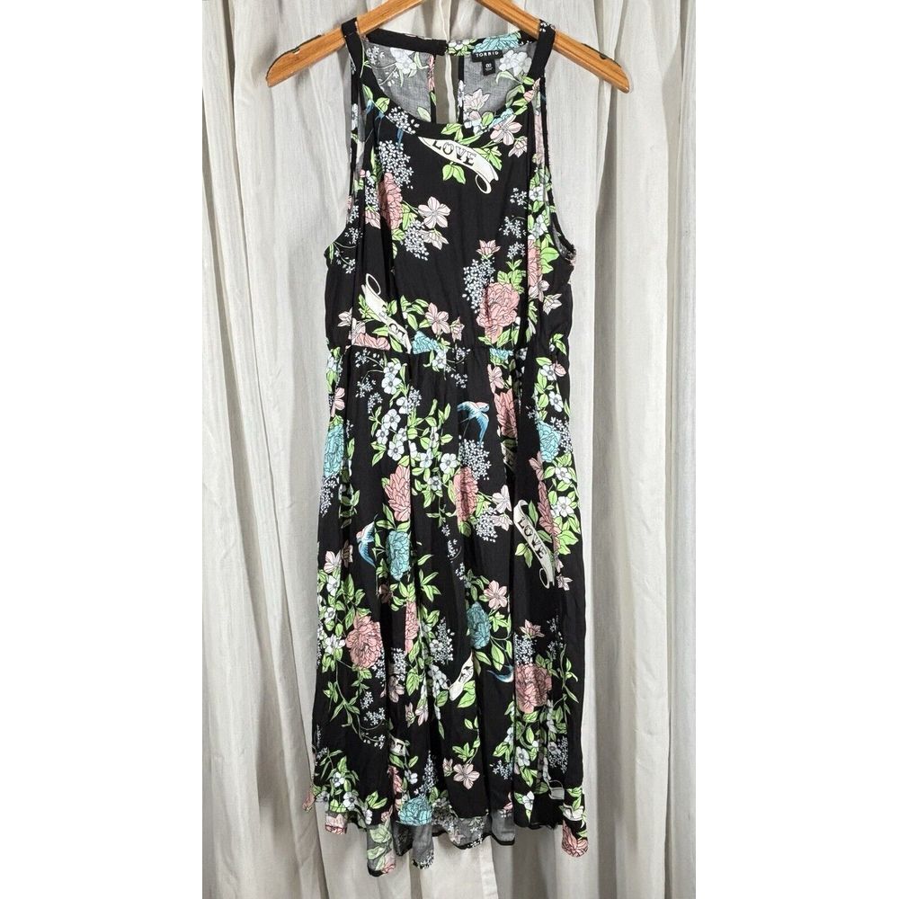 Torrid Floral Dress Midi Black Keyhole Open Back 00/12 Large Sleeveless Rock EUC - Picture 14 of 14
